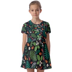 Pattern Forest Leaf Fruits Flowers Motif Kids  Short Sleeve Pinafore Style Dress by Amaryn4rt