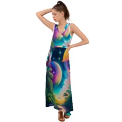 Jungle Moon Light Plants Space V-neck Chiffon Maxi Dress by Ravend