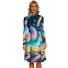 Jungle Moon Light Plants Space Long Sleeve Shirt Collar A-line Dress