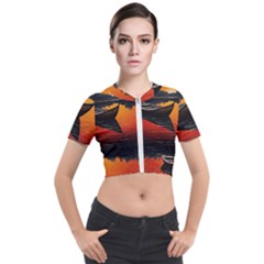 Boat Sunset Lake Water Nature Short Sleeve Cropped Jacket