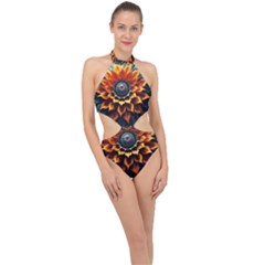 Flower Plant Geometry Halter Side Cut Swimsuit