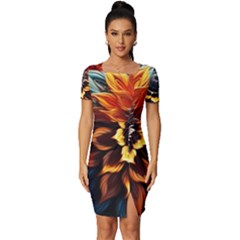 Flower Plant Geometry Fitted Knot Split End Bodycon Dress by Ravend