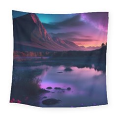Lake Mountain Night Sea Flower Nature Square Tapestry (large) by Ravend