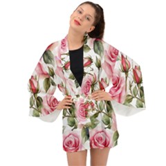 Flower Rose Pink Long Sleeve Kimono