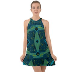 Mazipoodles Origami Chintz A - Navy Lime Blue Black Halter Tie Back Chiffon Dress by Mazipoodles