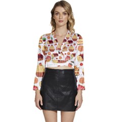 Dessert And Cake For Food Pattern Long Sleeve Tie Back Satin Wrap Top