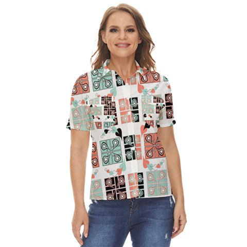 Mint Black Coral Heart Paisley Women s Short Sleeve Double Pocket Shirt by Grandong