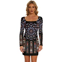 Chartres Cathedral Notre Dame De Paris Stained Glass Long Sleeve Square Neck Bodycon Velvet Dress by Grandong