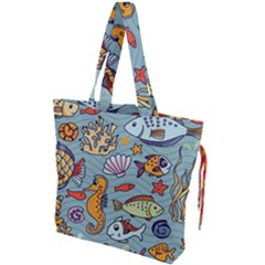 Cartoon Underwater Seamless Pattern With Crab Fish Seahorse Coral Marine Elements Drawstring Tote Bag by Grandong