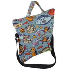 Cartoon Underwater Seamless Pattern With Crab Fish Seahorse Coral Marine Elements Fold Over Handle Tote Bag by Grandong