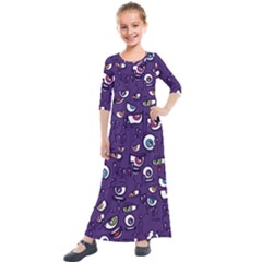 Eye Artwork Decor Eyes Pattern Purple Form Backgrounds Illustration Kids  Quarter Sleeve Maxi Dress by Grandong