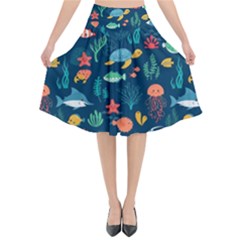 Variety Of Fish Illustration Turtle Jellyfish Art Texture Flared Midi Skirt