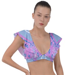Bohemian Chintz Illustration Pink Blue White Plunge Frill Sleeve Bikini Top by Mazipoodles
