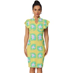 Mazipoodles Bold Daises Yellow Vintage Frill Sleeve V-neck Bodycon Dress by Mazipoodles