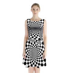 Geomtric Pattern Illusion Shapes Sleeveless Waist Tie Chiffon Dress by Grandong