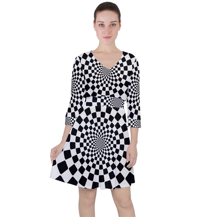 Geomtric Pattern Illusion Shapes Quarter Sleeve Ruffle Waist Dress