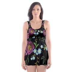 Embroidery-trend-floral-pattern-small-branches-herb-rose Skater Dress Swimsuit by pakminggu