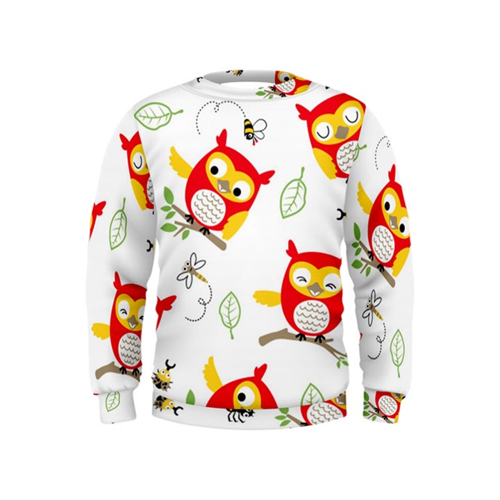 Seamless-pattern-vector-owl-cartoon-with-bugs Kids  Sweatshirt