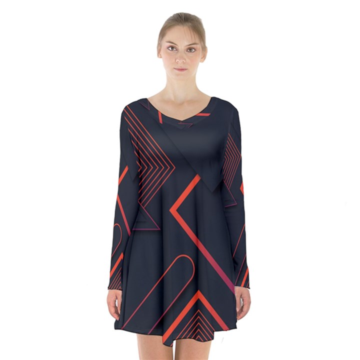 Gradient-geometric-shapes-dark-background-design Long Sleeve Velvet V-neck Dress