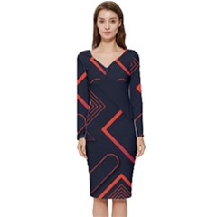 Gradient-geometric-shapes-dark-background-design Long Sleeve V-neck Bodycon Dress  by pakminggu