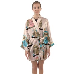 Seamless-pattern-owls-dream-cute-style-pajama-fabric Long Sleeve Satin Kimono by pakminggu