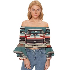 Car Vehicle Vintage Automobile Off Shoulder Flutter Bell Sleeve Top by Ravend