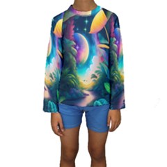 Jungle Moon Light Plants Space Kids  Long Sleeve Swimwear by uniart180623