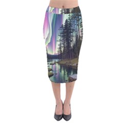 Northern Lights Aurora Borealis Velvet Midi Pencil Skirt by uniart180623