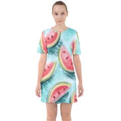 Watermelon Fruit Juicy Summer Heat Sixties Short Sleeve Mini Dress by uniart180623