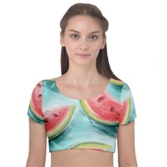 Watermelon Fruit Juicy Summer Heat Velvet Short Sleeve Crop Top  by uniart180623