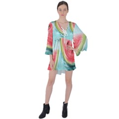 Watermelon Fruit Juicy Summer Heat V-neck Flare Sleeve Mini Dress by uniart180623