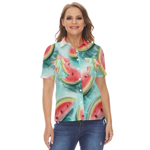 Watermelon Fruit Juicy Summer Heat Women s Short Sleeve Double Pocket Shirt by uniart180623