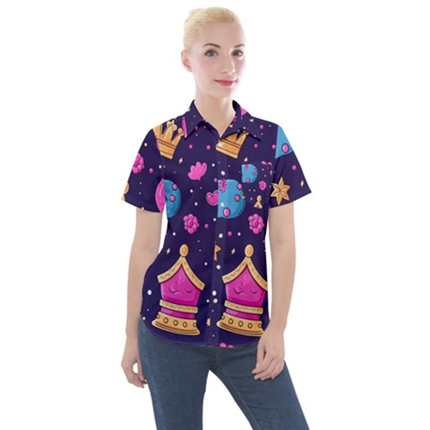 Pattern Royal Crowns Women s Short Sleeve Pocket Shirt by pakminggu