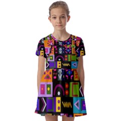 Abstract A Colorful Modern Illustration--- Kids  Short Sleeve Pinafore Style Dress