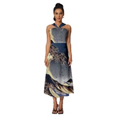 The Great Wave Off Kanagawa Japan Japanese Waves Sleeveless Cross Front Cocktail Midi Chiffon Dress