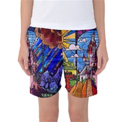 Beauty Stained Glass Castle Building Women s Basketball Shorts by Cowasu