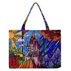 Beauty Stained Glass Castle Building Zipper Medium Tote Bag by Cowasu