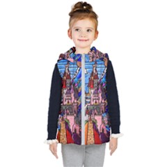 Beauty Stained Glass Castle Building Kids  Hooded Puffer Vest by Cowasu