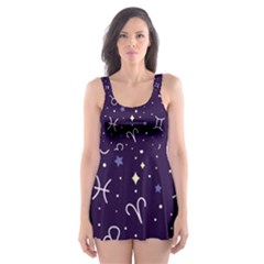 Vector Seamless Dark Zodiac Sign Star Symbol Pattern Skater Dress Swimsuit by Bedest