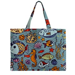 Cartoon Underwater Seamless Pattern With Crab Fish Seahorse Coral Marine Elements Zipper Mini Tote Bag