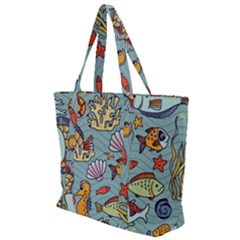 Cartoon Underwater Seamless Pattern With Crab Fish Seahorse Coral Marine Elements Zip Up Canvas Bag by Bedest
