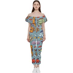 Cartoon Underwater Seamless Pattern With Crab Fish Seahorse Coral Marine Elements Bardot Ruffle Jumpsuit