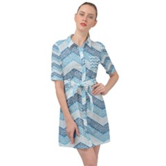 Seamless Pattern Of Cute Summer Blue Line Zigzag Belted Shirt Dress