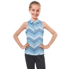 Seamless Pattern Of Cute Summer Blue Line Zigzag Kids  Sleeveless Polo T-shirt