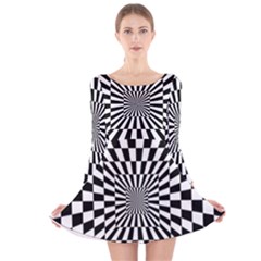 Optical-illusion-chessboard-tunnel Long Sleeve Velvet Skater Dress