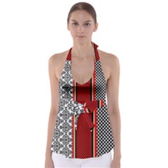 Background-damask-red-black Tie Back Tankini Top