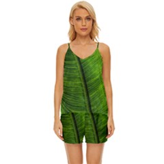 Green-leaf-plant-freshness-color V-neck Satin Pajamas Set by Bedest