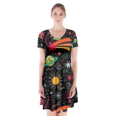 Space Seamless Pattern Short Sleeve V-neck Flare Dress by pakminggu