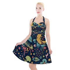 Alien Ocket Space Aesthetic Pattern Halter Party Swing Dress  by pakminggu