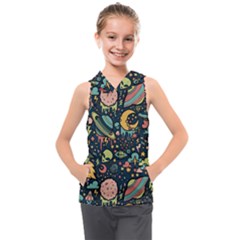 Alien Ocket Space Aesthetic Pattern Kids  Sleeveless Hoodie by pakminggu